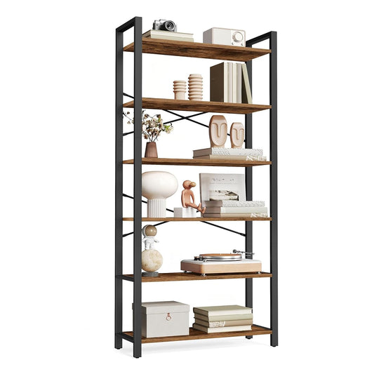 VASAGLE 6-Tier Bookshelf, Bookcase with Steel Frame, Book Shelf for Living Room, Home Office, Study, 11.8 x 26 x 73.2 Inches, Industrial Style, Rustic Brown and Ink Black ULLS062B01