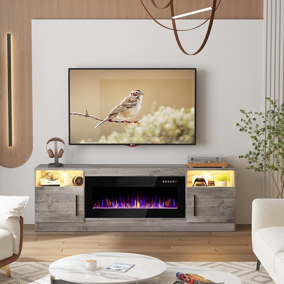 Modern 70" Black Wooden TV Stand for Living Room – LED Lights