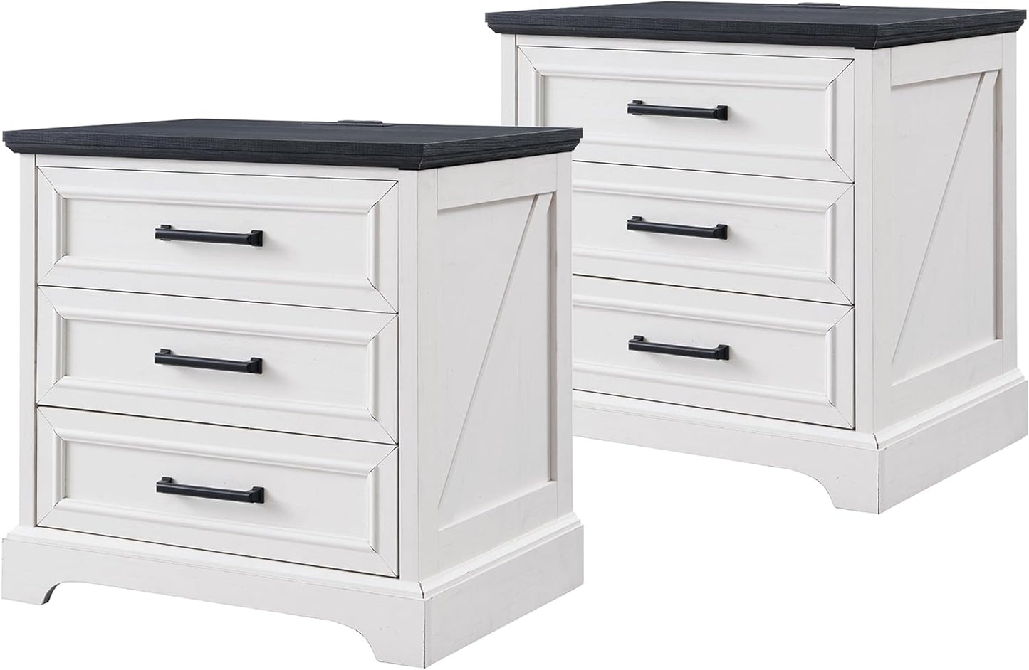 Farmhouse Nightstands Set of 2, 22 Inch Wide End Table with Charging Station & 3 Large Drawers, Rustic Wood Small Dresser Chest of Drawers for Bedroom, Living Room, off White