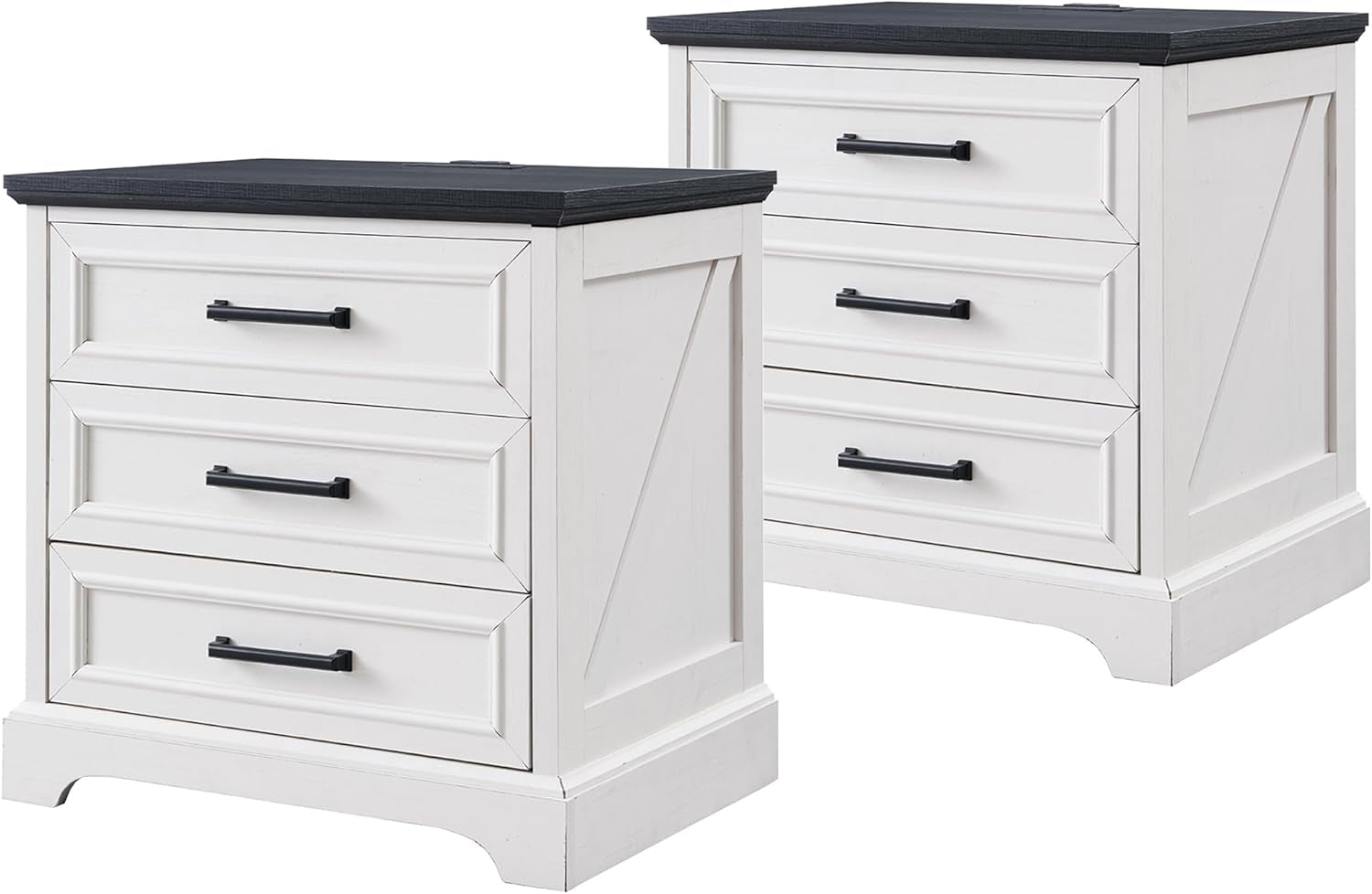 Farmhouse Nightstands Set of 2, 22 Inch Wide End Table with Charging Station & 3 Large Drawers, Rustic Wood Small Dresser Chest of Drawers for Bedroom, Living Room, off White