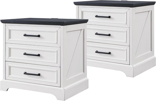 Farmhouse Nightstands Set of 2, 22 Inch Wide End Table with Charging Station & 3 Large Drawers, Rustic Wood Small Dresser Chest of Drawers for Bedroom, Living Room, off White