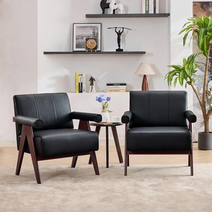Black Leather Accent Chairs Set of 2, Mid Century Modern Accent Chair, Side Arm Chairs for Living Room, Office Guest Waiting Room Chairs (2, Black)
