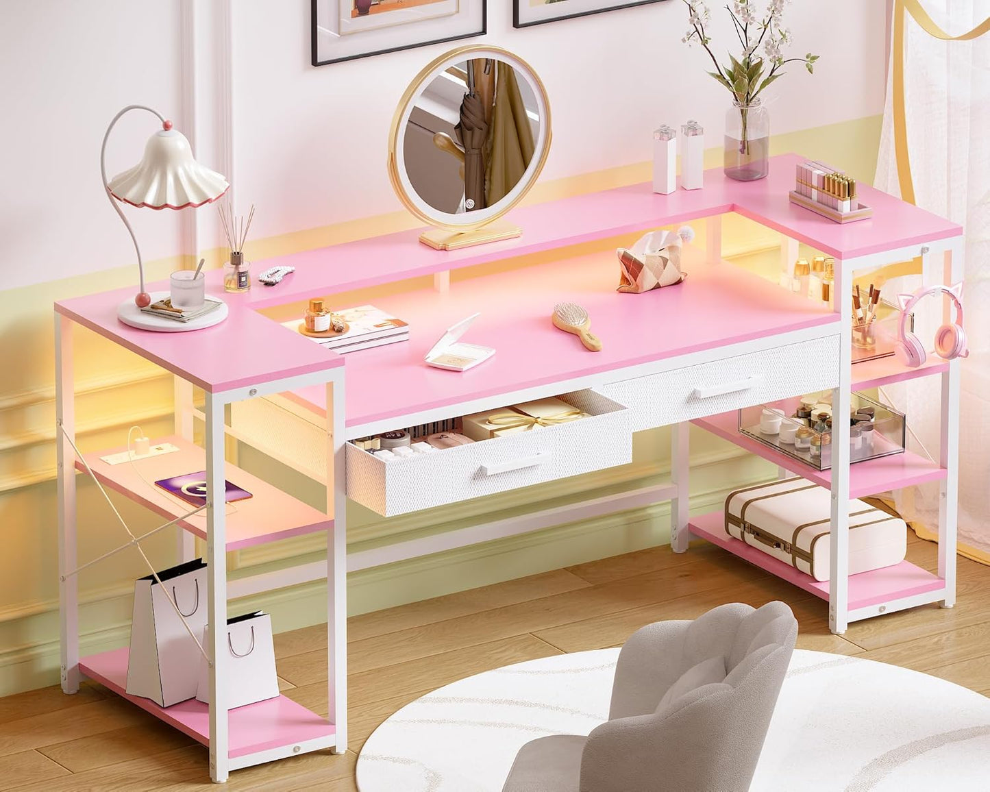 58 Inch Computer Desk with Monitor Stand and Shelves Gaming Desk with LED Lights & Power Outlets PC Vanity Table with 2 Drawers for Home Office Pink