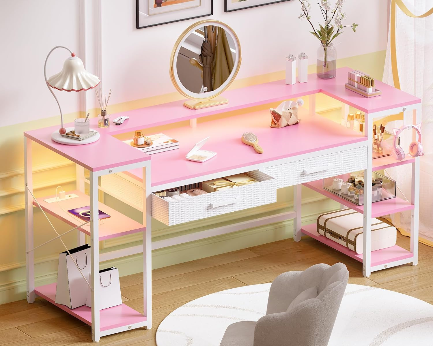 58 Inch Computer Desk with Monitor Stand and Shelves Gaming Desk with LED Lights & Power Outlets PC Vanity Table with 2 Drawers for Home Office Pink