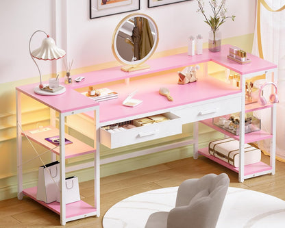 58 Inch Computer Desk with Monitor Stand and Shelves Gaming Desk with LED Lights & Power Outlets PC Vanity Table with 2 Drawers for Home Office Pink
