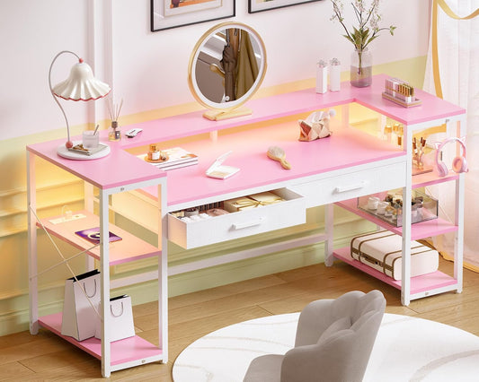 58 Inch Computer Desk with Monitor Stand and Shelves Gaming Desk with LED Lights & Power Outlets PC Vanity Table with 2 Drawers for Home Office Pink
