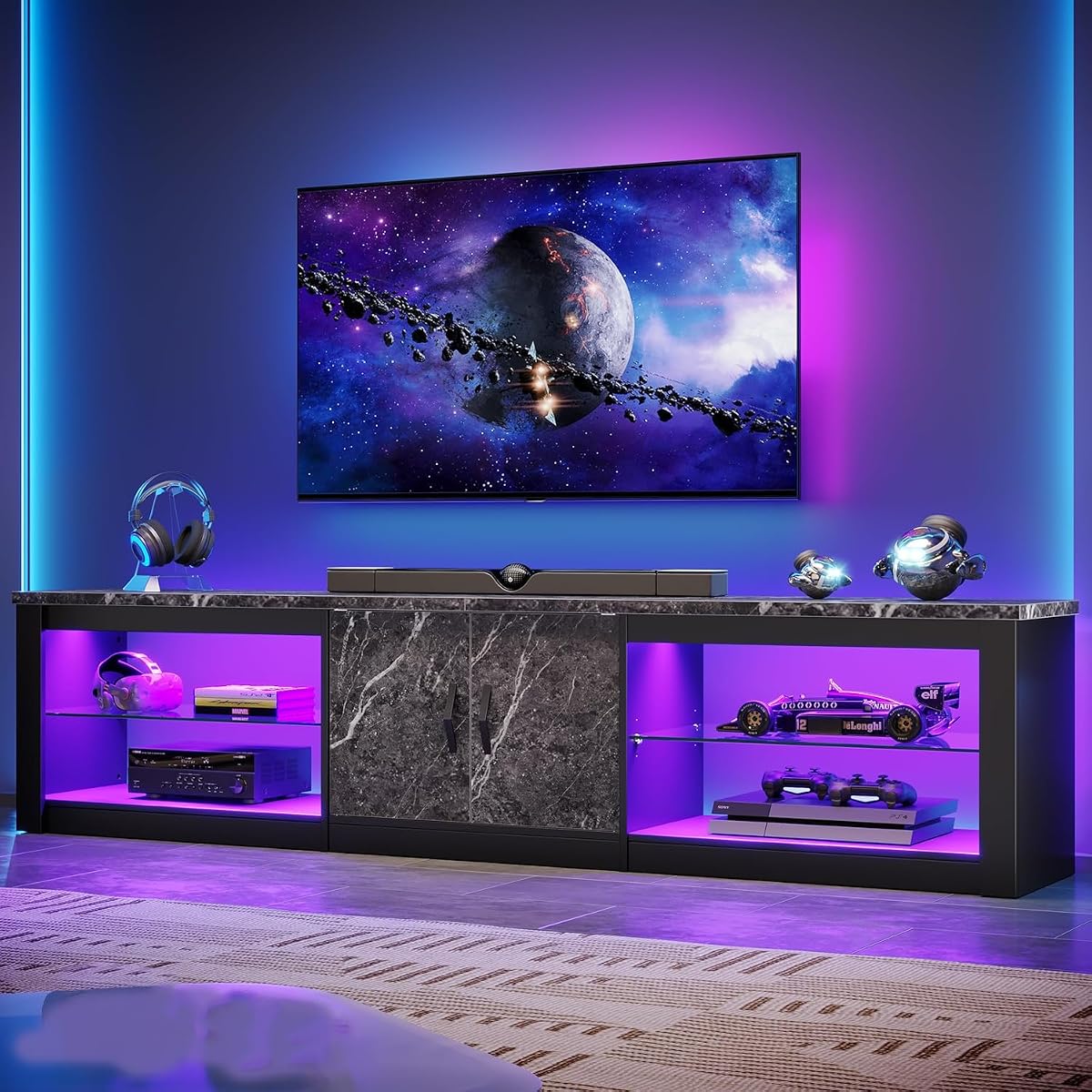 80 Inch TV Stand for 75/85/86 inch TVs, LED Gaming Entertainment Center for PS5 with Storage Cabinet &Adjustable Glass Shelves, Large TV Console Table for Living Room Bedroom, Black Marble