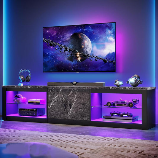 80 Inch TV Stand for 75/85/86 inch TVs, LED Gaming Entertainment Center for PS5 with Storage Cabinet &Adjustable Glass Shelves, Large TV Console Table for Living Room Bedroom, Black Marble