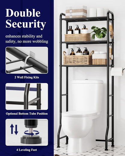 over Toilet Storage Rack - Metal over Toilet Bathroom Organizer Shelf, over the Toilet Storage Cabinet with Paper Holder and Hooks, Bathroom Cabinet for Laundry, Black, 3 Tiers (63.2" H)