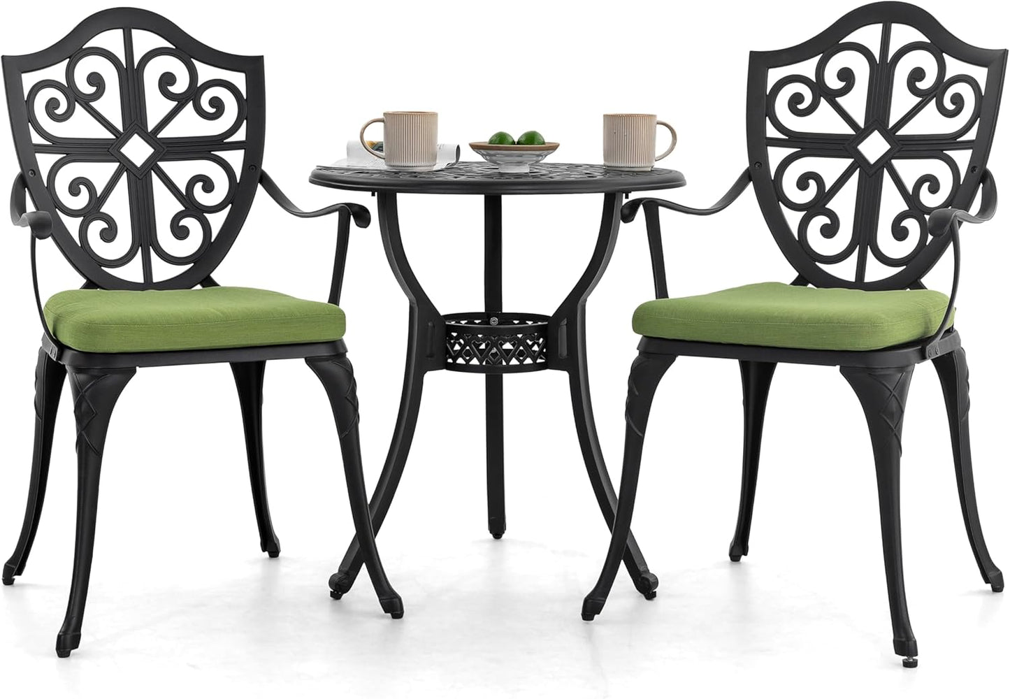 Outdoor 3-Piece Bistro Set with Cushions, round 24 Inch Cast Aluminum Bistro Table with 2.17" Umbrella Hole, 2 Cast Aluminum Bistro Chairs, for Patio, Garden, Backyard and Balcony, Black