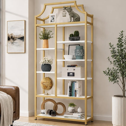 Lux Etagere 8-Tier Open Shelf Bookcase – 70.87" H x 31.5" L, Modern Metal Frame with Gold Finish & White Shelves, Tall Storage Display for Bedroom, Home Office & Living Room (Gold)