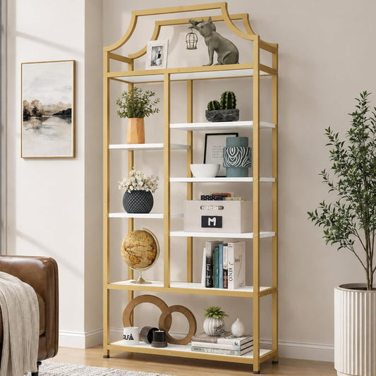 Lux Etagere 8-Tier Open Shelf Bookcase – 70.87" H x 31.5" L, Modern Metal Frame with Gold Finish & White Shelves, Tall Storage Display for Bedroom, Home Office & Living Room (Gold)