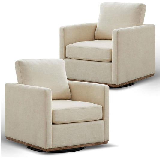 Swivel Accent Chair Set of 2, 360 Degree Square Swivel Chair for Living Room, Mid Century Modern Upholstered Barrel Chair,Comfy Sofa Armchairs for Bedroom,Nursery,Chenille, Beige