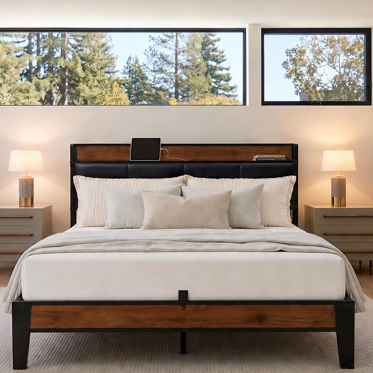 Queen Size Bed Frame with Wooden Storage Headboard & Charging Station