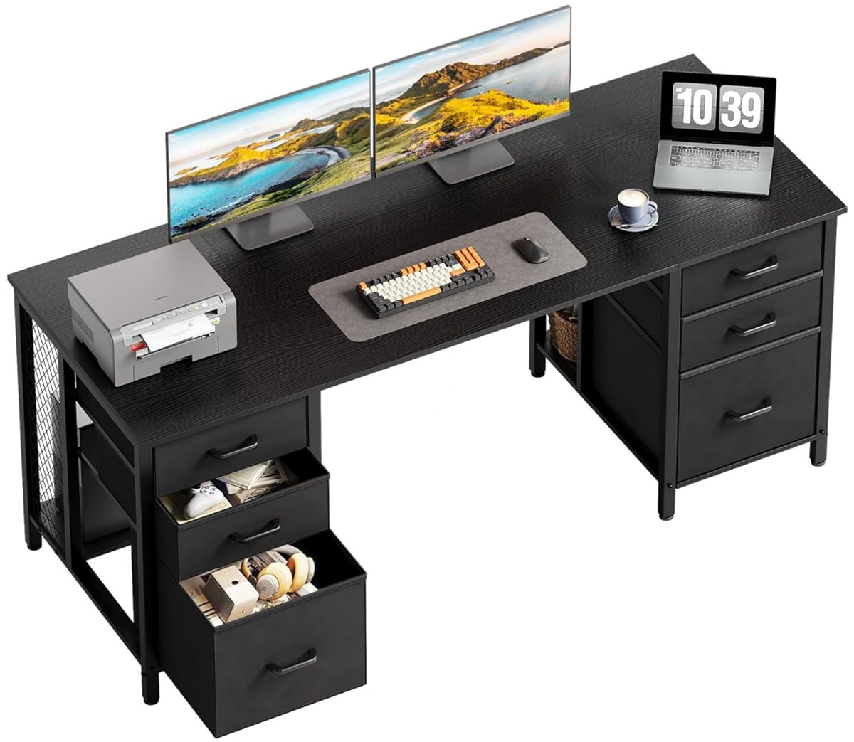 63 inch Office Desk with 6 Fabric Drawers & File Cabinets, Work from Home Computer Desk with Hidden Storage Stand, Deep Black