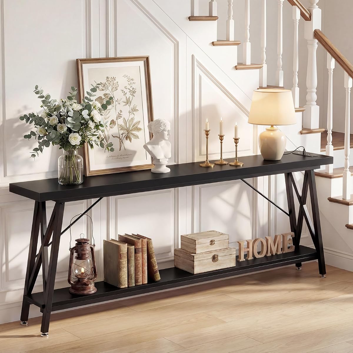 70.9 Inch Extra Long Console Table, Industrial Sofa Table Behind Couch with Charging Station & Storage Shelf, Entryway Table for Living Room & Entryway, Black