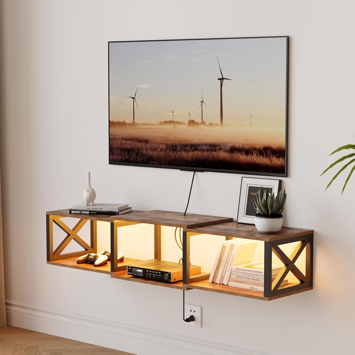 Floating 45.7" TV Stand with LED & Power Outlets for Under tv Shelf