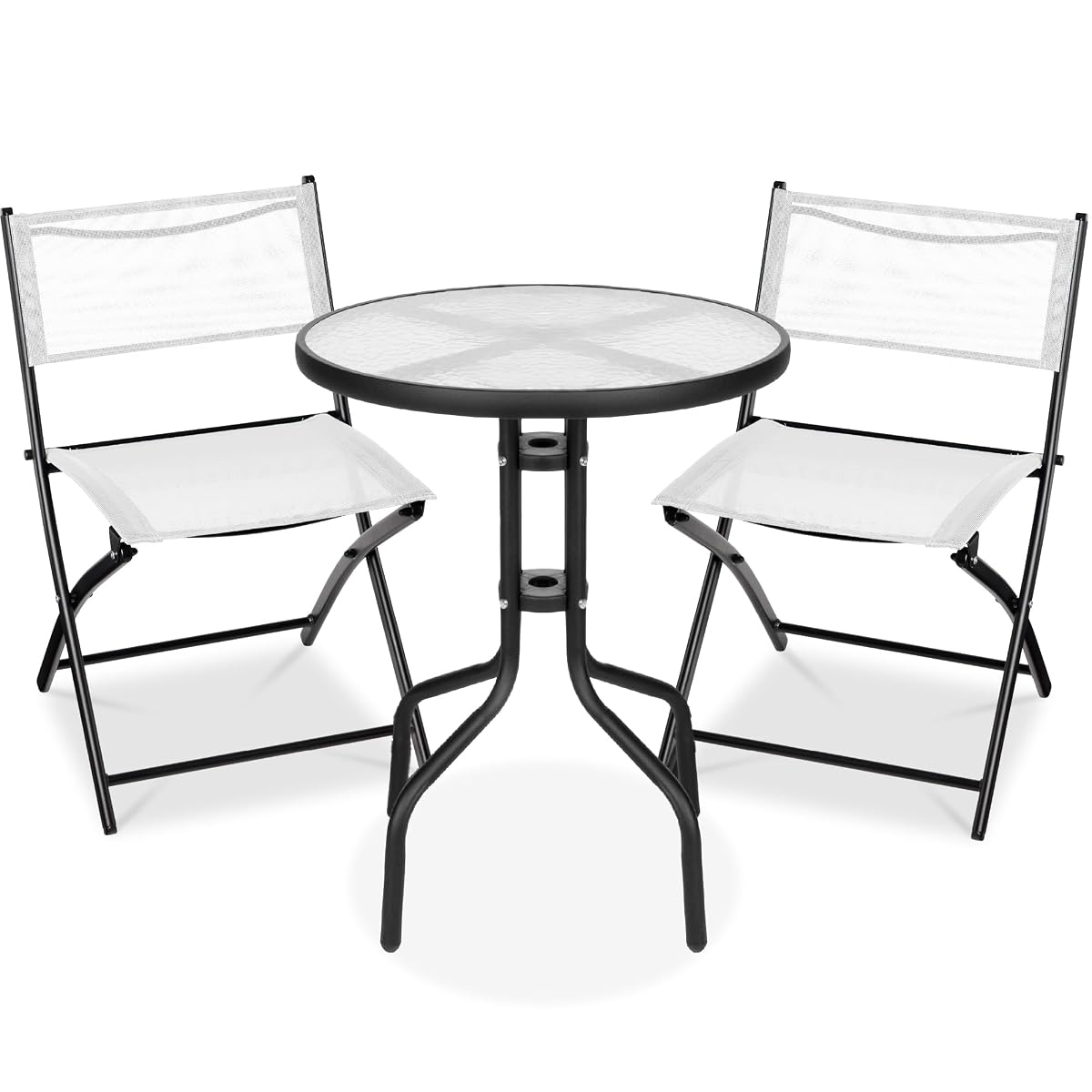 Best Choice Products 3-Piece Patio Bistro Dining Furniture Set w/Textured Glass Tabletop, 2 Steel Folding Chairs, Polyester Fabric - White