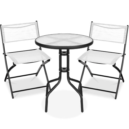 Best Choice Products 3-Piece Patio Bistro Dining Furniture Set w/Textured Glass Tabletop, 2 Steel Folding Chairs, Polyester Fabric - White
