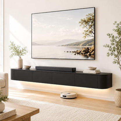 Solid Wood Floating TV Stand with LED Light Modern Wall Mounted Entertainment