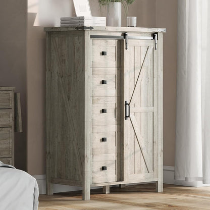 31.5" Farmhouse 5-Drawer Dresser with Barn Door, Rustic Grey