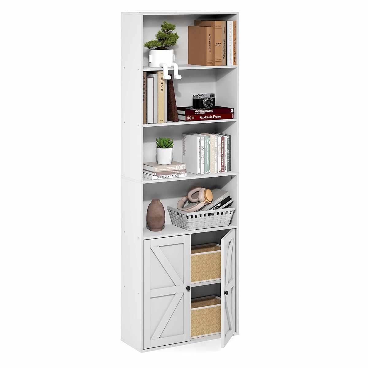 Farmhouse 6-Tier Book Shelf with Doors, Bookshelf, White