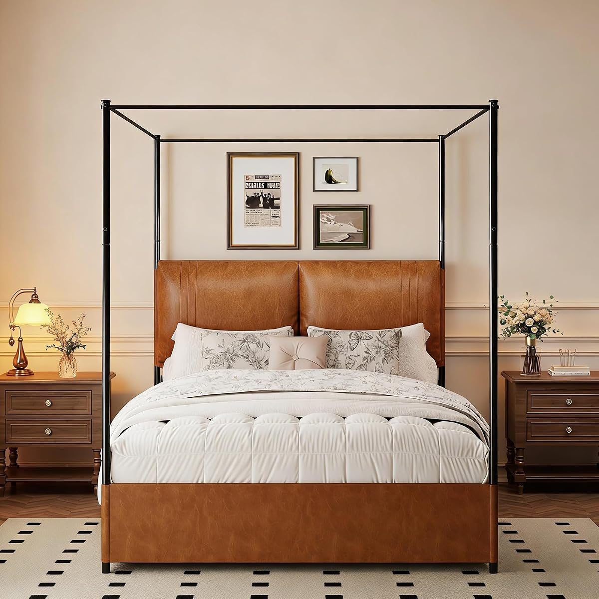 King Size Upholstered Canopy Bed Frame with Faux Leather Headboard, Brown