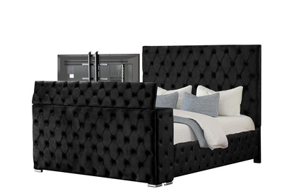 Velvet Platform Bed with Tufted Features, Fireplace & TV Stand