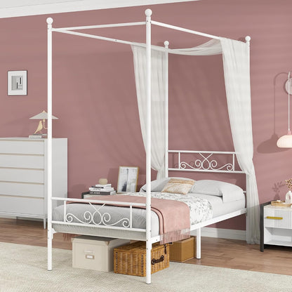Twin Canopy Bed Frame with Headboard, Metal Twin Beds for Kids, White