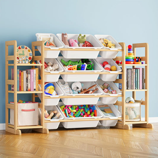 Toy Storage Organizer with 6 Shelves and 12 Bins, Bookshelf/Bookcase, Kids Bin Shelf, Toys Box for Playroom Organization for Bedroom & Room Decor, White, 52.3" W