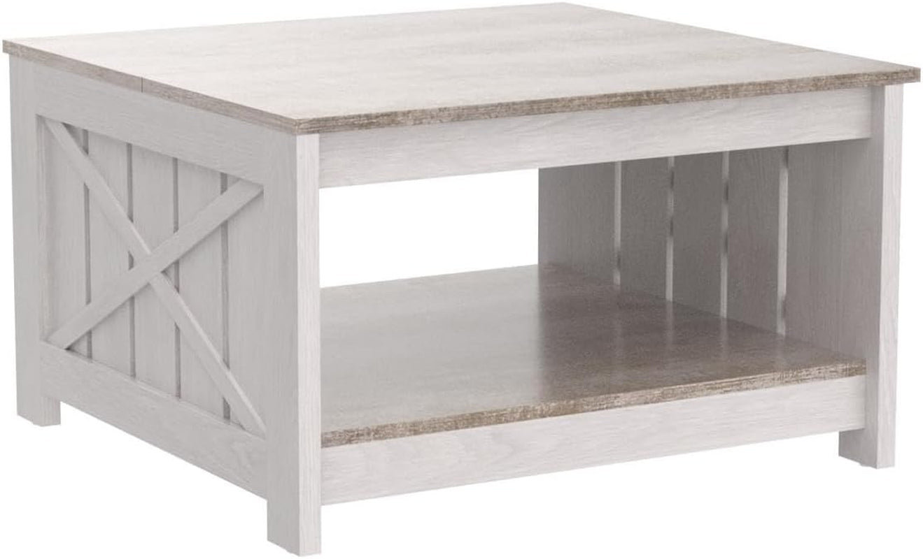 Coffee Table Farmhouse Coffee Table with Storage Rustic Wood Cocktail Table, Square Coffee Tables for Living Meeting Room with Half Open Storage Compartment, Grey Wash