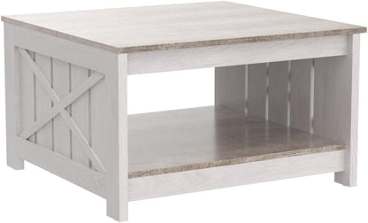 Coffee Table Farmhouse Coffee Table with Storage Rustic Wood Cocktail Table, Square Coffee Tables for Living Meeting Room with Half Open Storage Compartment, Grey Wash