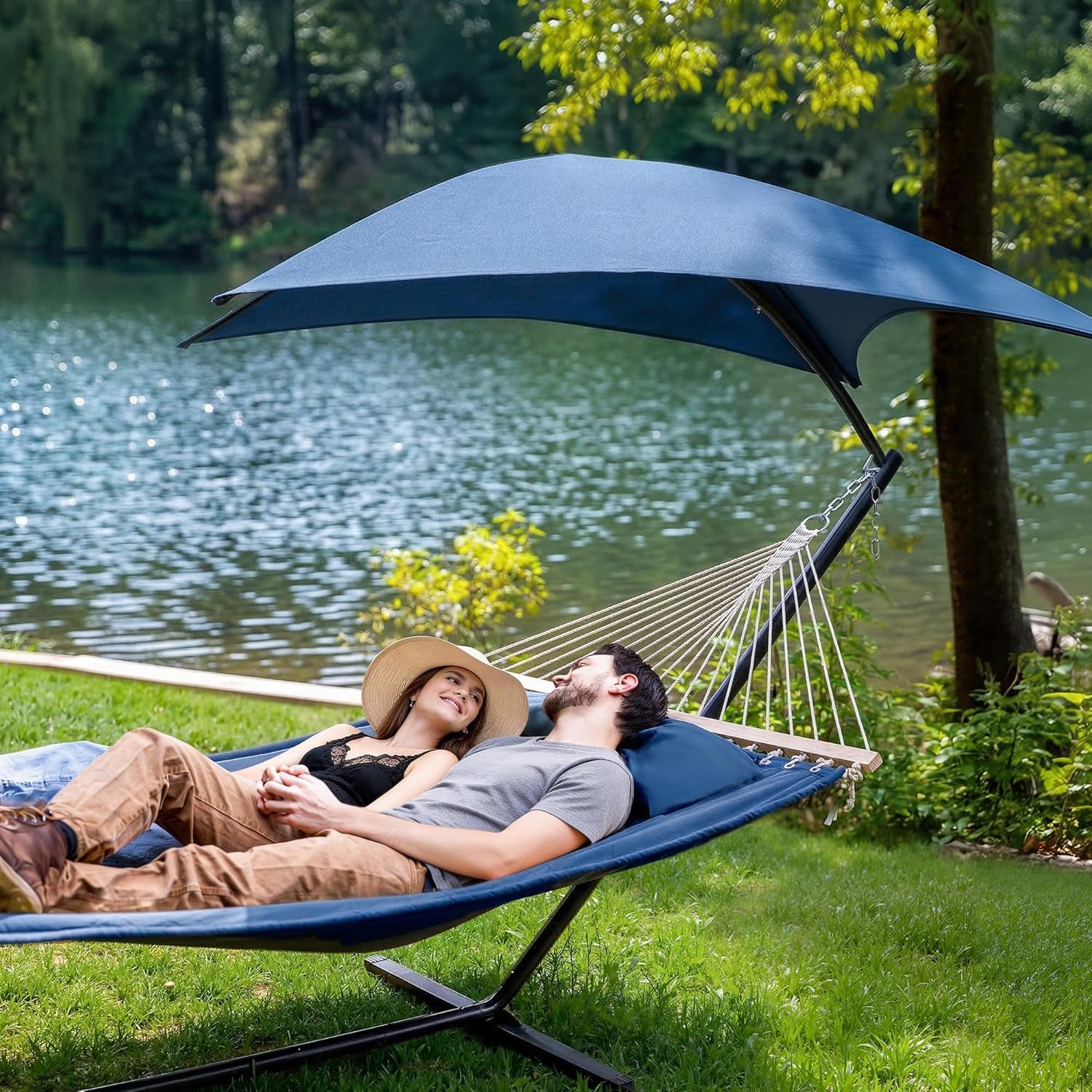 Hammocks for outside with Stand, Sunshade, Porch Hammock and Stand, 475 Lbs Capacity, Patent Pending, Navy