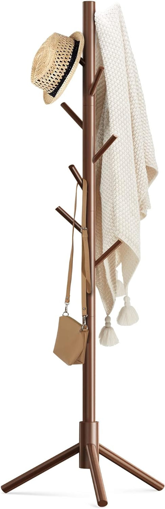 Wooden Coat Rack Stand with 8 Hooks New Zealand Pine 3 Adjustable Coat Standing Tree Easy Assembly for Coats, Hats, Scarves and Handbags for Entryway, Hallway, Bedroom, Office