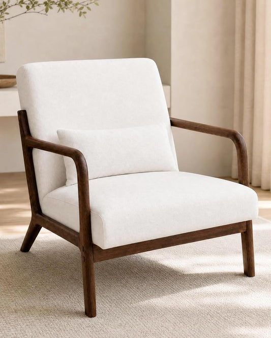 Mid-Century Chenille Accent Chair, Cozy Reading Chair, Modern Lounge Armchair with Lumbar Pillow, Solid Wood Frame, for Living Room, Bedroom, Office, Beige