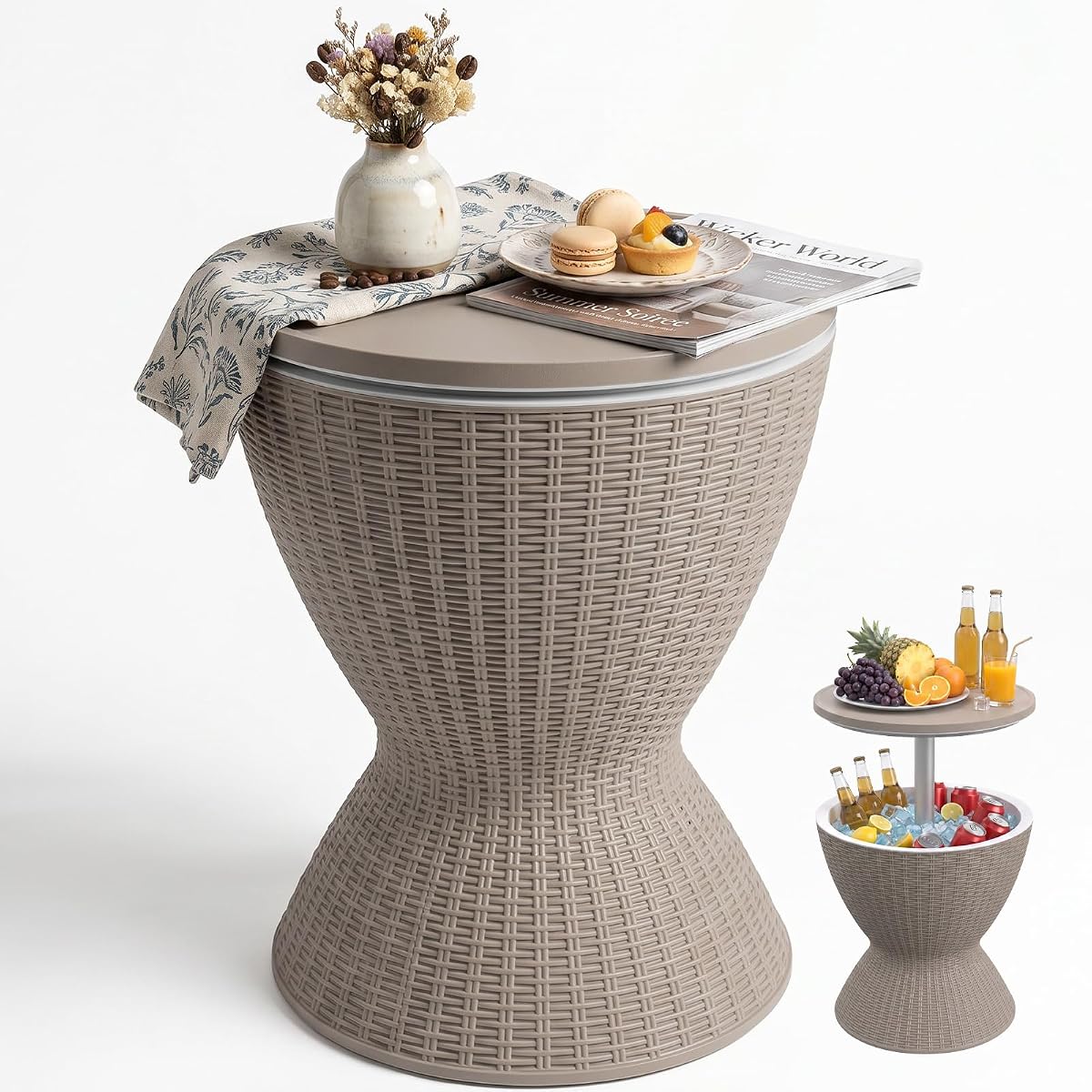 Outdoor Side Table, Cooler Bar Table, Weather Resistant Patio End Tables, Patio Furniture for Garden, Porch, Pool, Lawn, Backyard or Indoor