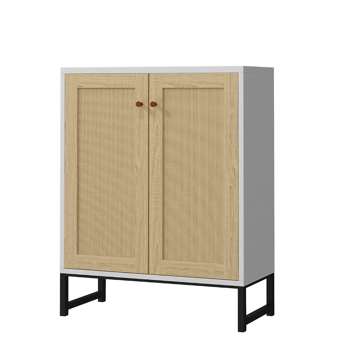 Rattan Decorated 2 Doors Storage Cabinet Accent Cabinet Living Room Cupboard Kitchen Sideboard Buffet Table (White)