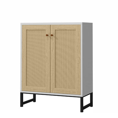 Rattan Decorated 2 Doors Storage Cabinet Accent Cabinet Living Room Cupboard Kitchen Sideboard Buffet Table (White)