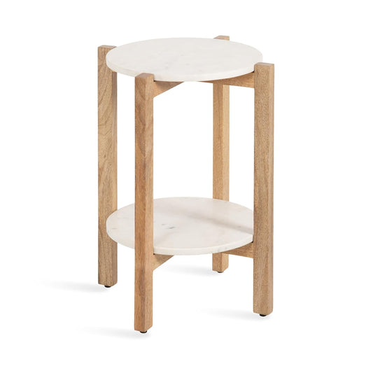 Moxley Transitional Round Side Table; 16 x 16 x 22; White Marble and Natural Wood; Tiered Pedestal Table with Authentic Marble Tabletops for Bedroom Nightstand or Indoor Plant Stand