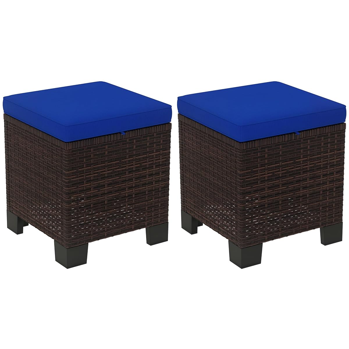 2 Pieces Outdoor Patio Ottomans, All Weather Wicker Footstools with Removable Cushions, 3-in-1 PE Rattan Ottoman Seat, Footrest and Side Table for Backyard, Poolside, Dark Blue