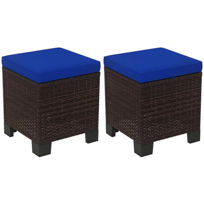 2 Pieces Outdoor Patio Ottomans, All Weather Wicker Footstools with Removable Cushions, 3-in-1 PE Rattan Ottoman Seat, Footrest and Side Table for Backyard, Poolside, Dark Blue