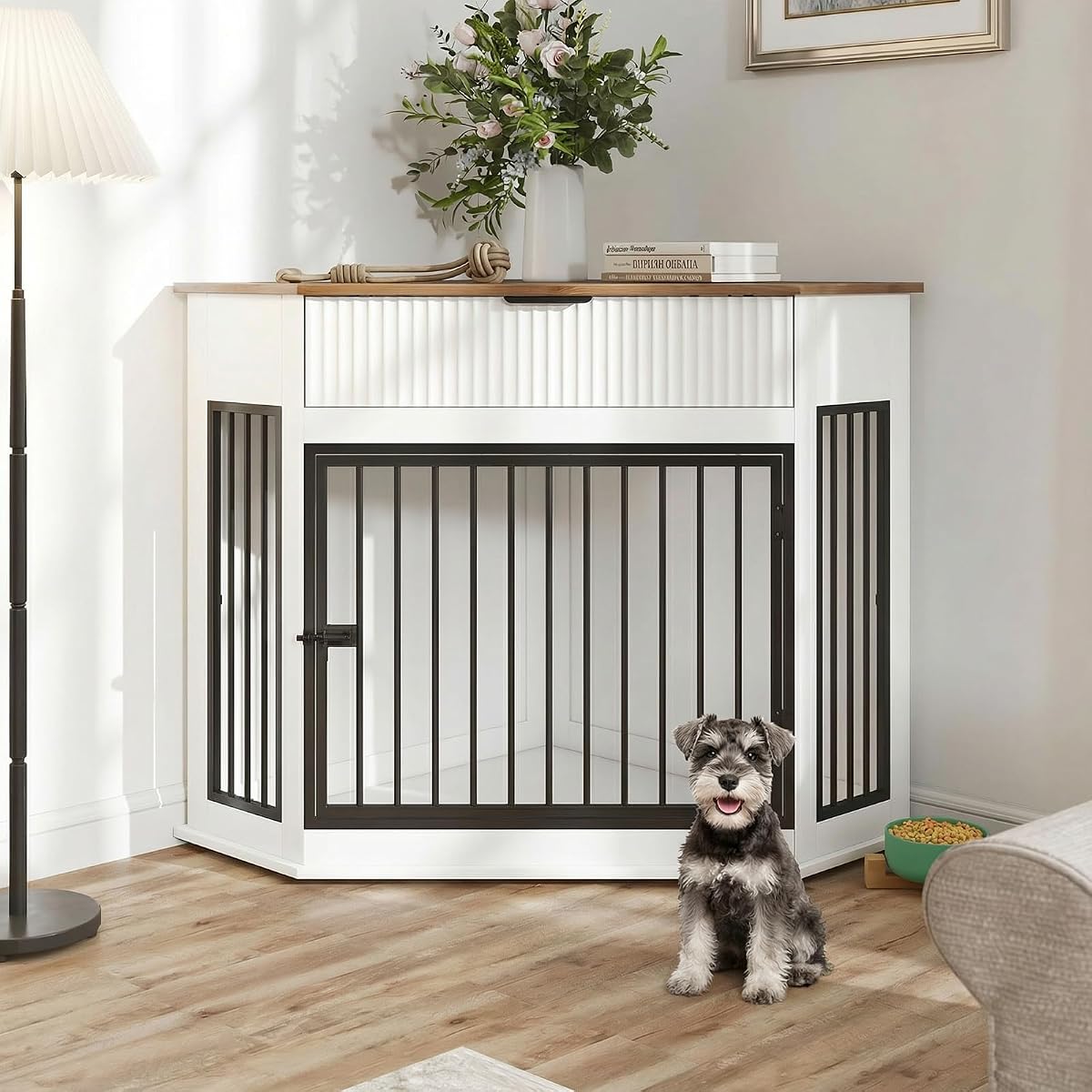 44.6'' Corner Dog Crate Furniture, Wooden Dog Crate with Storage Drawer