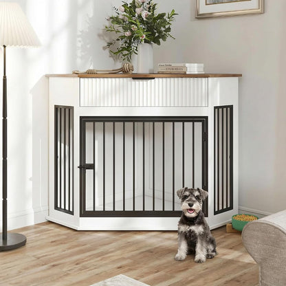 44.6'' Corner Dog Crate Furniture, Wooden Dog Crate with Storage Drawer