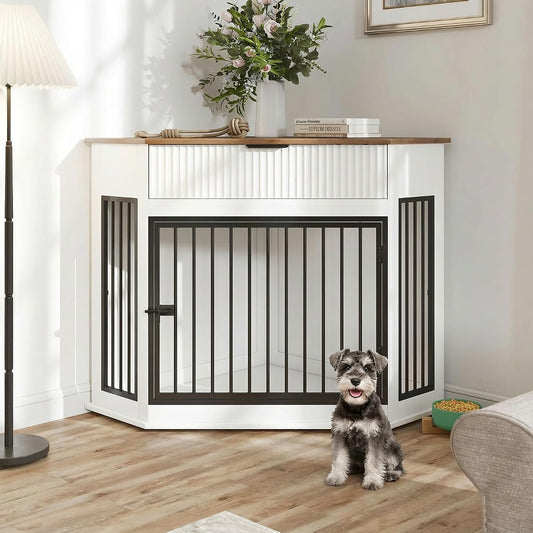 44.6'' Corner Dog Crate Furniture, Wooden Dog Crate with Storage Drawer