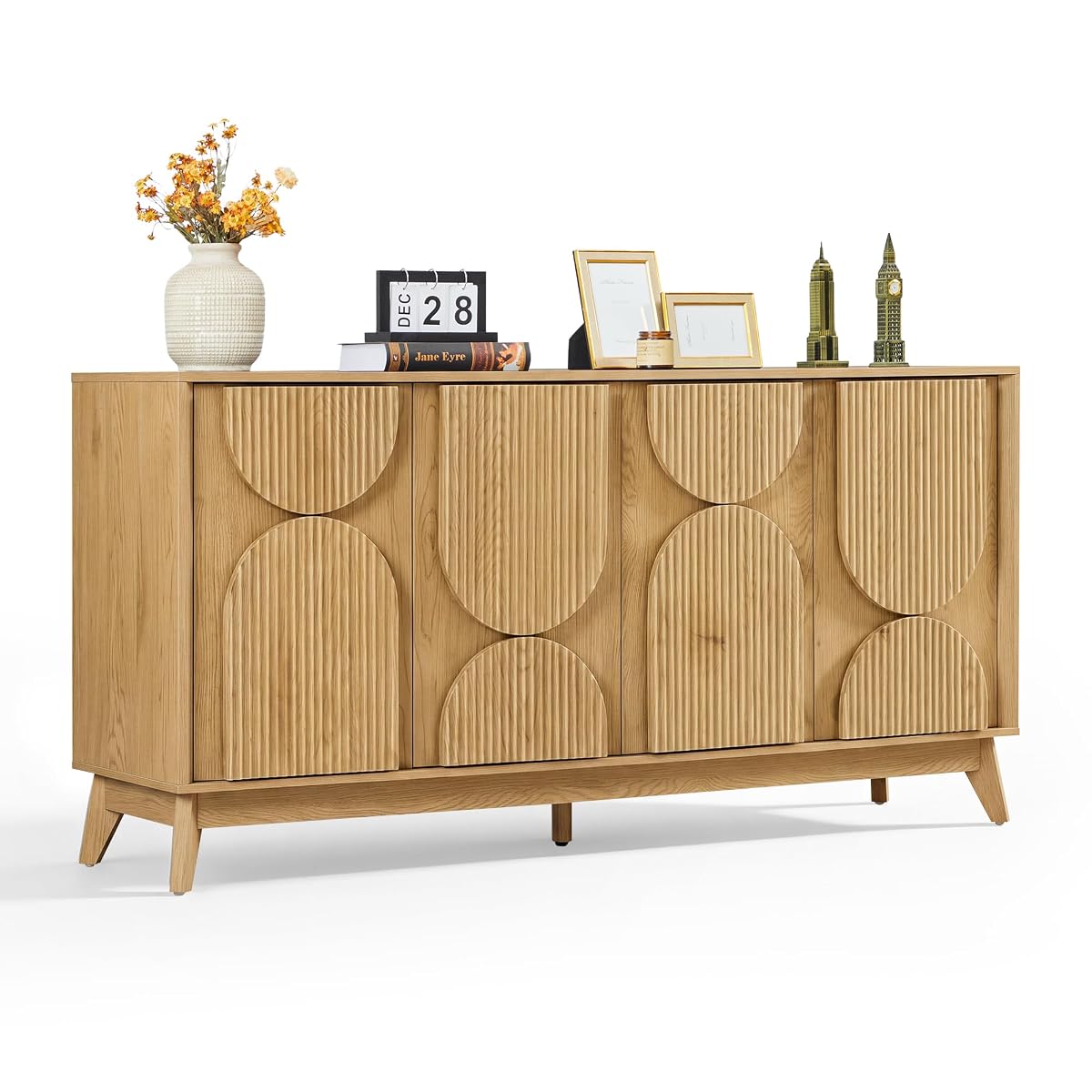 63 Inch Mid Century Modern Fluted Sideboard Buffet Cabinet Natural