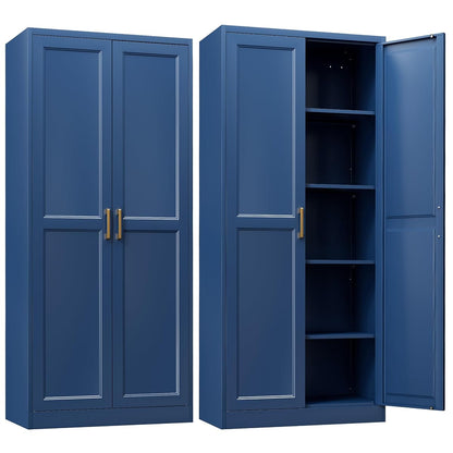 Kitchen Pantry Cabinet,71” Metal Pantry Storage Cabinets with Doors and 4 Adjustable Shelves,Blue Kitchen Cabinet with 2 Gold Handles,Tall Cabinet for Livingroom