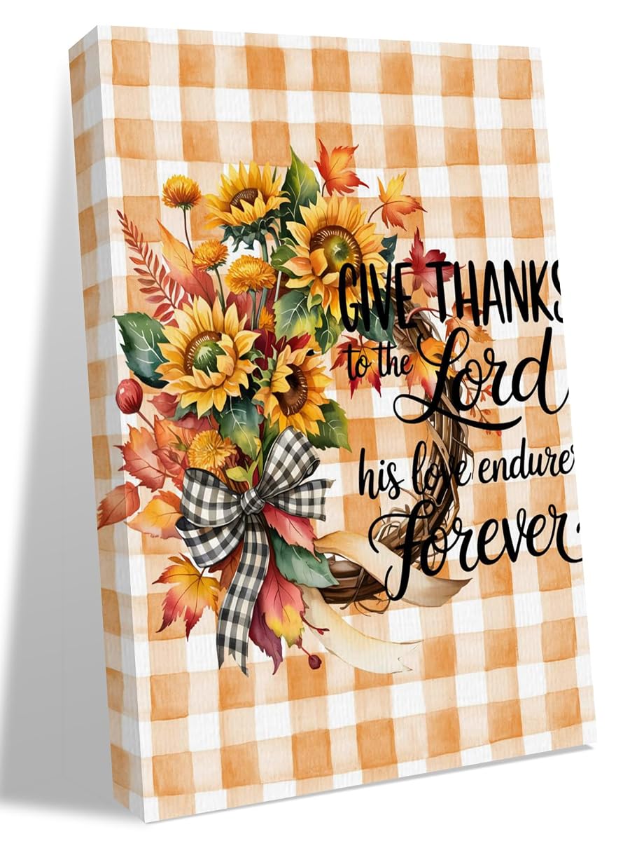 NuYeBiofx Autumn Sunflower Wreath Watercolor Canvas Wall Art Prints,40"x28" Framed Picture Artwork Orange Buffalo Plaid Printed Canvas Oil Painting for Living Room Bedroom Office,Ready to Hang