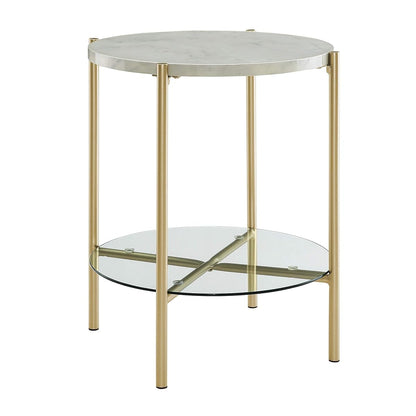 Blaine Mid Century Modern Marble and Glass Round Accent Table, 20 Inch, Marble and Gold