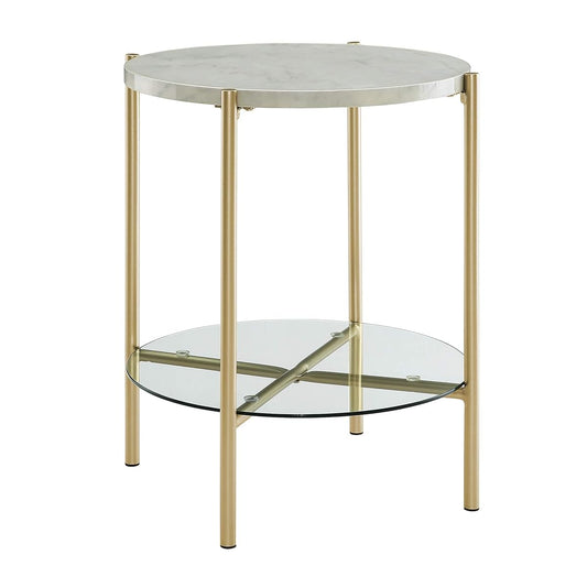 Blaine Mid Century Modern Marble and Glass Round Accent Table, 20 Inch, Marble and Gold