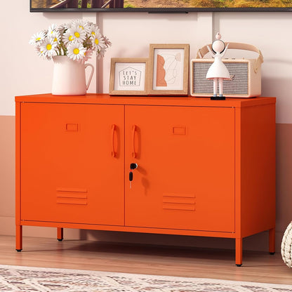25.2" H Metal Locker Storage Cabinet with 2 Locks, Steel Low Lockerable Orange TV Stand with Adjustable Shelves, 2 Door Metal Accent Buffet Cabinet for Bathroom Kitchen Living Room Office